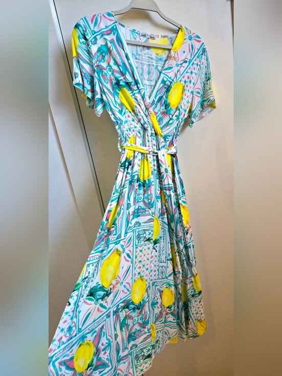 Dresses & Skirts - Lemon Print Wrap Midi Dress Amalfi Coast Tile Faux Wrap Made in Italy